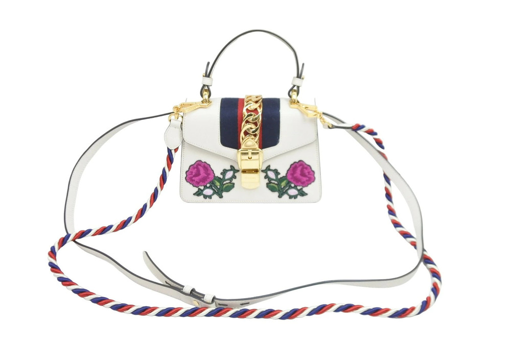 Gucci Sylvie Shoulder Bag White Sherry Floral Flower Embroidery